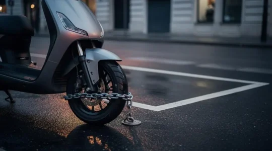 Scooter garé dans une rue urbaine la nuit, sécurisé par un antivol, illustrant les enjeux de l'assurance vol et vandalisme
