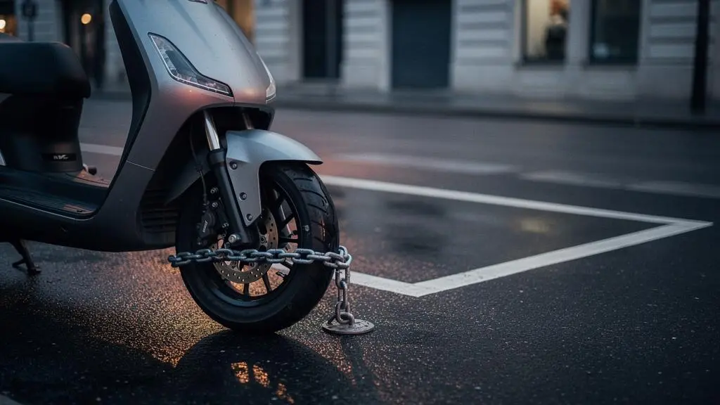 Scooter garé dans une rue urbaine la nuit, sécurisé par un antivol, illustrant les enjeux de l'assurance vol et vandalisme