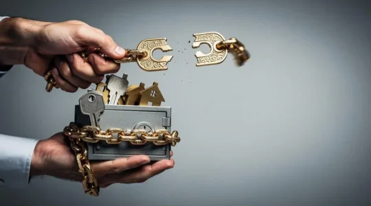 Illustration symbolique d'un emprunteur brisant les chaines du monopole bancaire sur l'assurance de credit