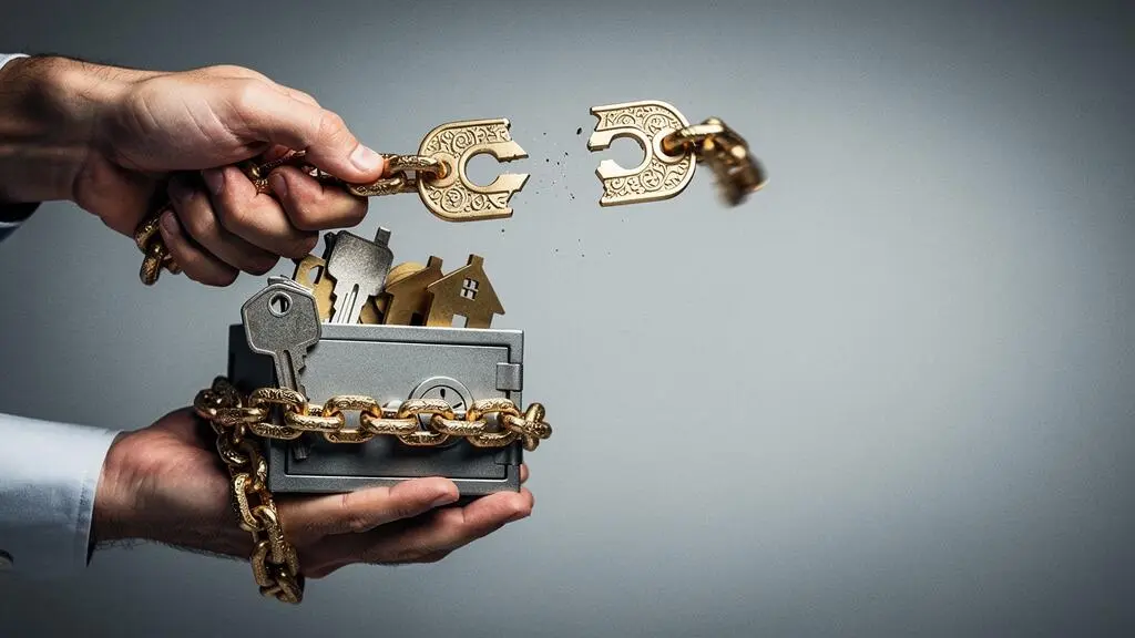 Illustration symbolique d'un emprunteur brisant les chaines du monopole bancaire sur l'assurance de credit