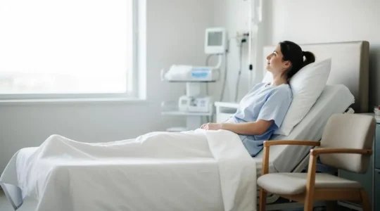 Patient reposant sereinement dans une chambre d'hôpital individuelle baignée de lumière naturelle, illustrant le confort d'une hospitalisation bien anticipée