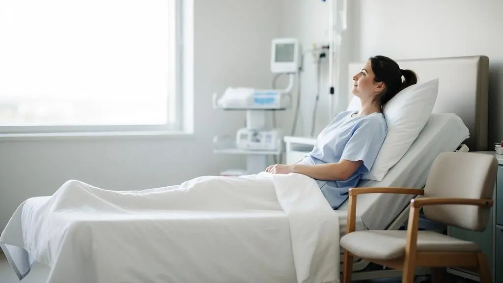Patient reposant sereinement dans une chambre d'hôpital individuelle baignée de lumière naturelle, illustrant le confort d'une hospitalisation bien anticipée