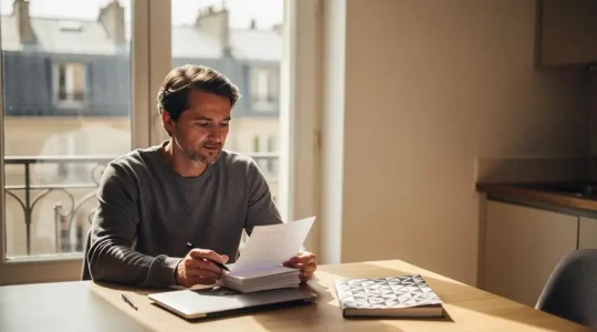 Emprunteur consultant sereinement ses documents de crédit immobilier à la table de sa cuisine, symbolisant le changement d'assurance de prêt en cours de remboursement