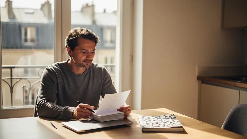 Emprunteur consultant sereinement ses documents de crédit immobilier à la table de sa cuisine, symbolisant le changement d'assurance de prêt en cours de remboursement