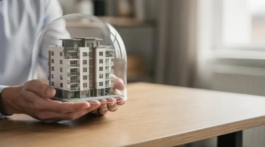 Investisseur immobilier examinant une maquette de bâtiment résidentiel symbolisant la protection d'un investissement locatif par une assurance de prêt