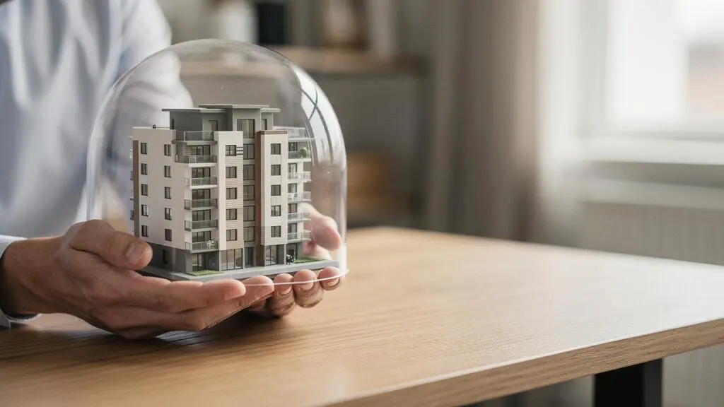 Investisseur immobilier examinant une maquette de bâtiment résidentiel symbolisant la protection d'un investissement locatif par une assurance de prêt