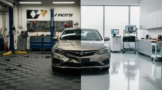 Voiture accidentée entre un garage agréé et un concessionnaire, symbole du choix de réparation après un choc