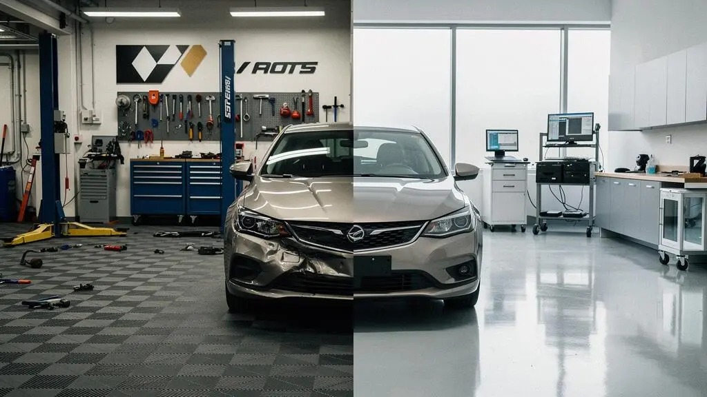 Voiture accidentée entre un garage agréé et un concessionnaire, symbole du choix de réparation après un choc