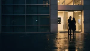 Un couple silhouette face a une vitrine d'agence bancaire au crepuscule, symbolisant le cout cache de l'assurance emprunteur