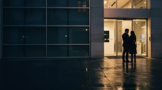 Un couple silhouette face a une vitrine d'agence bancaire au crepuscule, symbolisant le cout cache de l'assurance emprunteur