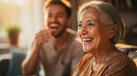 Portrait chaleureux d'une personne âgée souriante portant une aide auditive discrète lors d'un moment de vie sociale