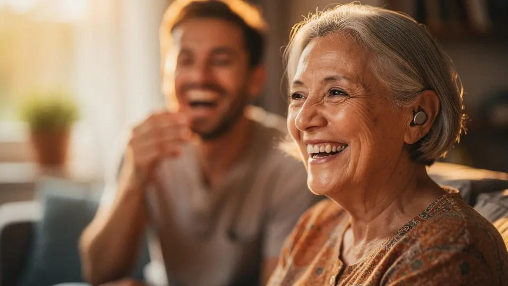 Portrait chaleureux d'une personne âgée souriante portant une aide auditive discrète lors d'un moment de vie sociale
