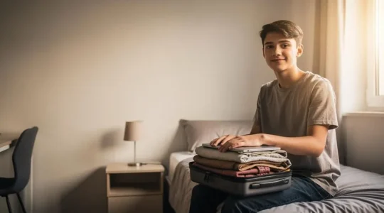 Jeune étudiant dans un petit studio meublé, symbole d'une protection accessible et abordable pour un petit budget