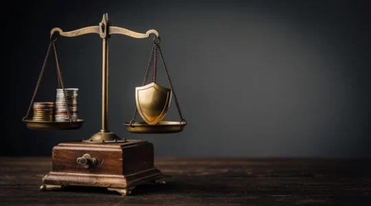Une balance en bois mettant en équilibre des pièces de monnaie d'un côté et un petit bouclier de l'autre, symbolisant l'arbitrage entre économie de cotisation et prise de risque financière