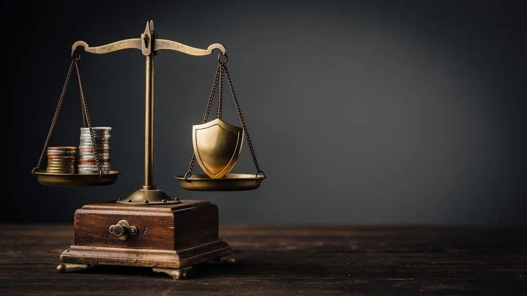 Une balance en bois mettant en équilibre des pièces de monnaie d'un côté et un petit bouclier de l'autre, symbolisant l'arbitrage entre économie de cotisation et prise de risque financière