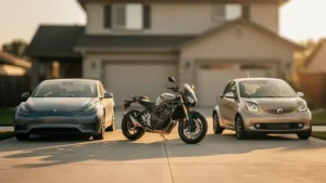 Trois véhicules différents (berline, moto et petite citadine) garés côte à côte devant une maison, symbolisant la gestion coordonnée de plusieurs contrats d'assurance