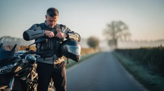 Motard vérifiant son casque et son gilet airbag avant de partir sur la route, symbole de la protection individuelle du pilote