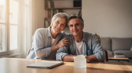 Couple d'âge mûr consultant sereinement des documents financiers dans un salon lumineux, symbolisant les nouvelles opportunités d'assurance emprunteur