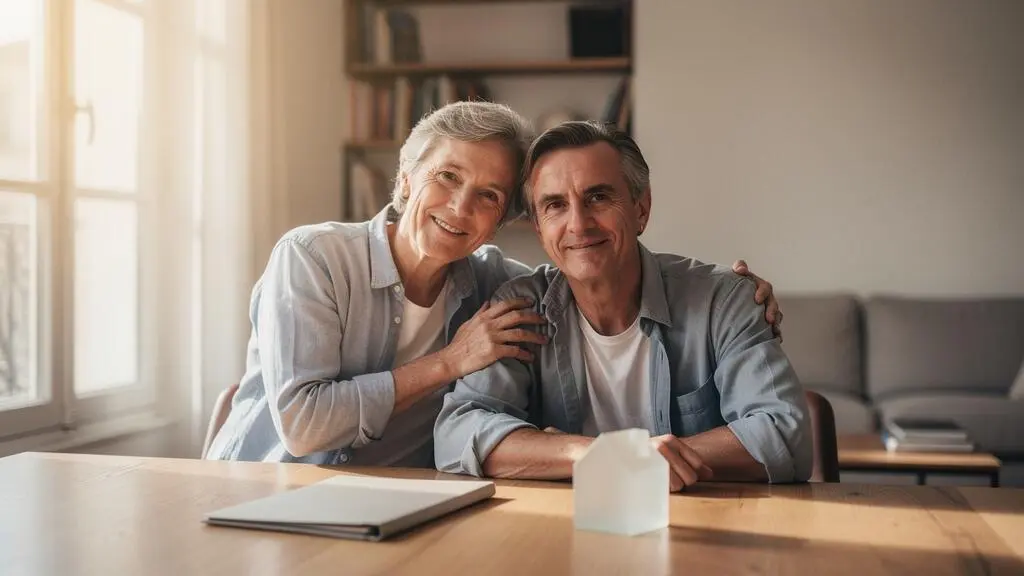 Couple d'âge mûr consultant sereinement des documents financiers dans un salon lumineux, symbolisant les nouvelles opportunités d'assurance emprunteur