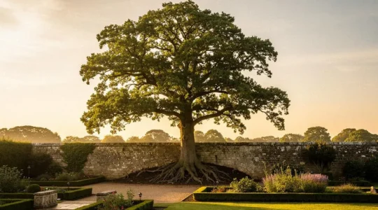 Un arbre robuste aux racines profondes symbolisant la patience et la croissance d'une épargne sur huit ans