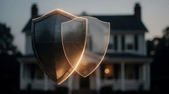Comparaison visuelle symbolique entre la protection renforcee de l'assurance habitation du proprietaire et celle, plus legere, du locataire