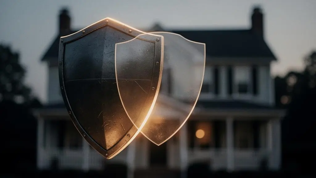 Comparaison visuelle symbolique entre la protection renforcee de l'assurance habitation du proprietaire et celle, plus legere, du locataire