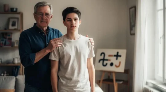 Un parent pose une main rassurante sur l'épaule de son enfant adulte dans le salon familial, symbolisant la protection invisible de la responsabilité civile