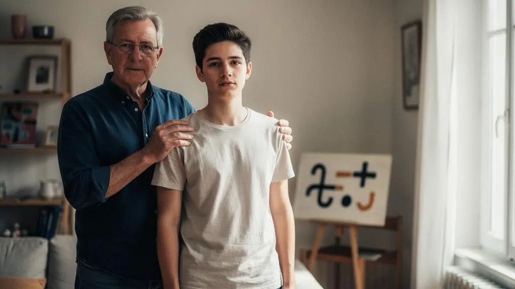 Un parent pose une main rassurante sur l'épaule de son enfant adulte dans le salon familial, symbolisant la protection invisible de la responsabilité civile