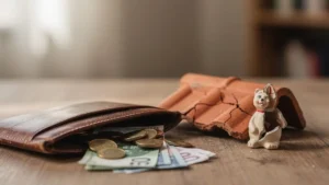 Portefeuille entrouvert avec des pièces et billets à côté d'une maquette de toit endommagé, symbolisant le reste à charge après un sinistre malgré l'assurance