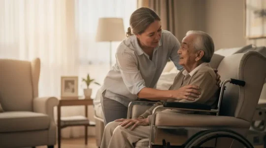 Un proche aidant accompagne avec tendresse une personne âgée en fauteuil roulant lors de son retour à la maison, dans un salon lumineux et chaleureux.