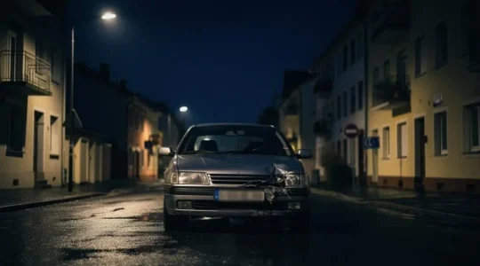 Portière de voiture avec traces d'effraction sur la serrure, éclairée en pleine nuit sur un parking urbain