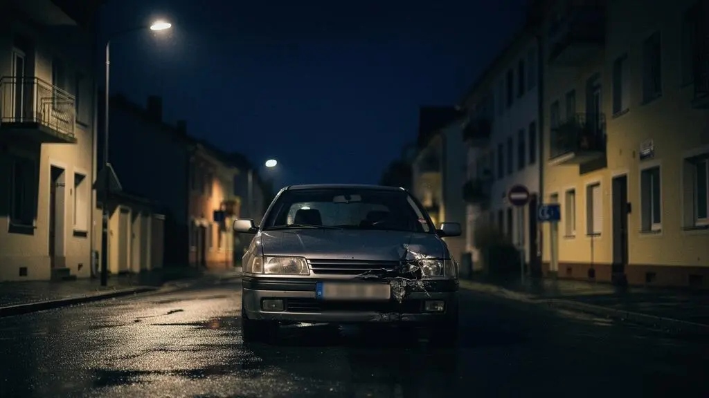 Portière de voiture avec traces d'effraction sur la serrure, éclairée en pleine nuit sur un parking urbain