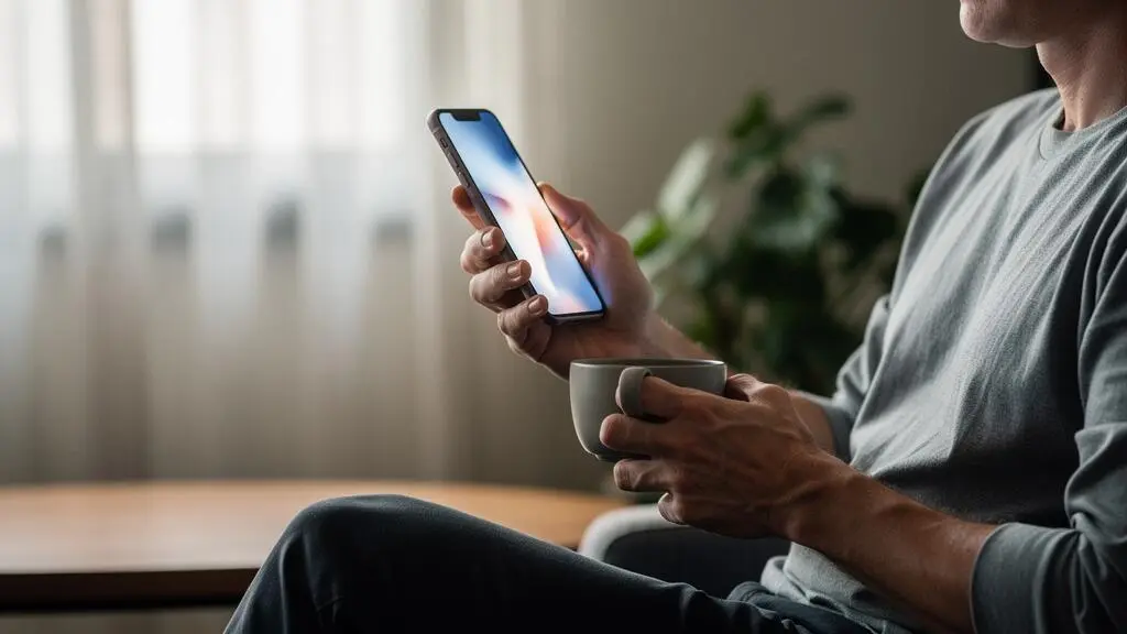 Personne souscrivant une assurance depuis son smartphone dans un cadre de vie quotidien, sans contact avec un agent