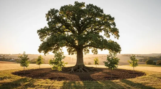 Un arbre majestueux aux multiples racines symbolisant la transmission d'un patrimoine vers plusieurs bénéficiaires en toute sérénité