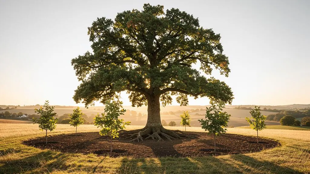 Un arbre majestueux aux multiples racines symbolisant la transmission d'un patrimoine vers plusieurs bénéficiaires en toute sérénité