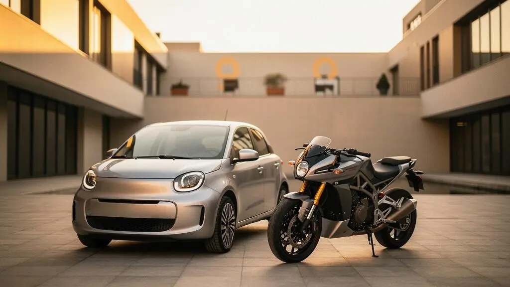Voiture et moto garées côte à côte au coucher du soleil, symbole d'une double assurance